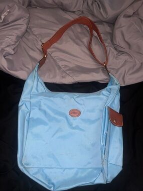 Longchamp Light Blue Nylon Shoulder Bag with Brown Trim
